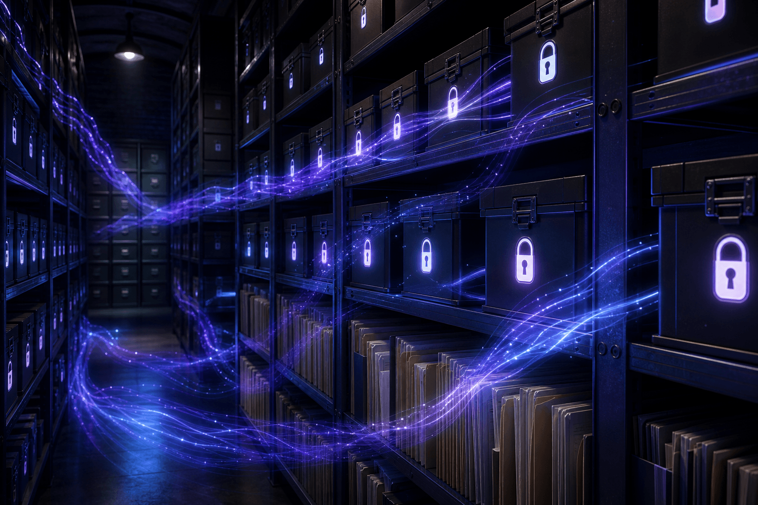 A dark archive of locked storage boxes and sealed files with faint blue and violet quantum light scanning the shelves, illustrating encrypted data captured today and stored for future decryption once quantum computers are powerful enough.