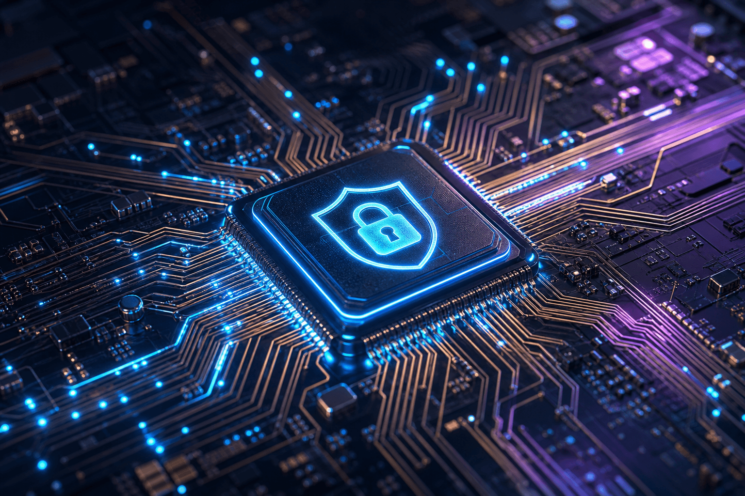 A futuristic processor etched with a glowing padlock-and-shield emblem sits at the center of a dark circuit board, copper traces carrying pulses of blue light, illustrating post-quantum cryptography accelerated directly in hardware.