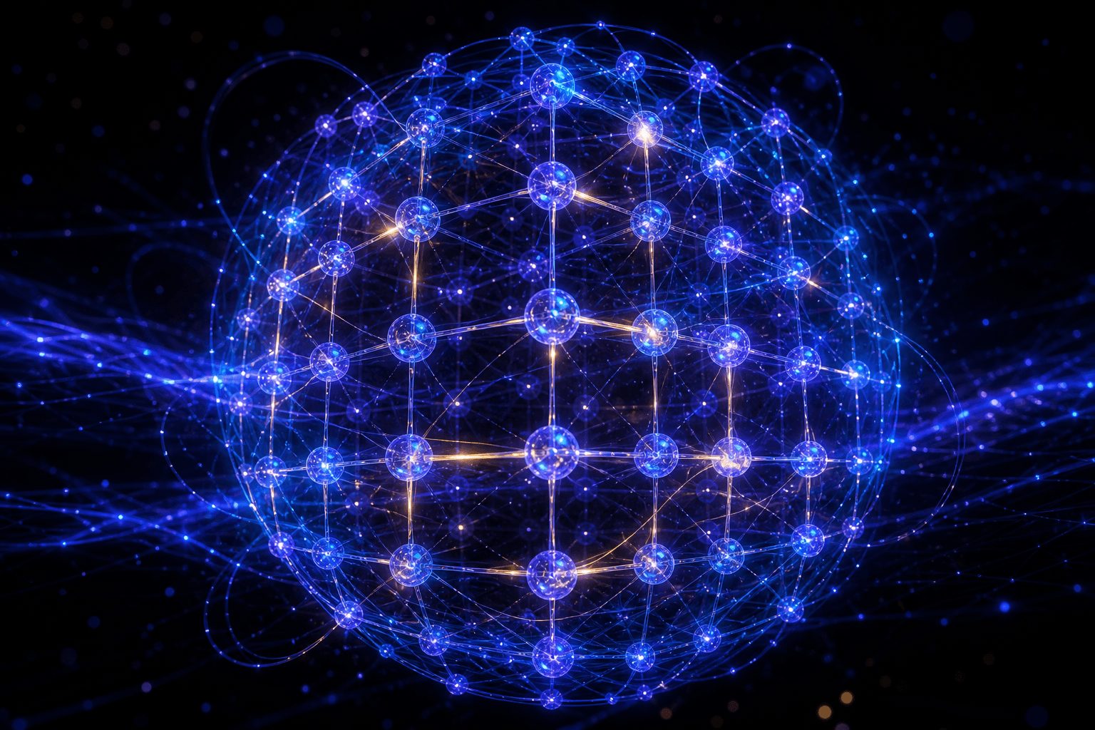 An abstract three-dimensional lattice of glowing entangled qubits forming a sphere of computation, the kind of massively parallel state space that lets quantum computers explore problems no classical machine can brute-force.