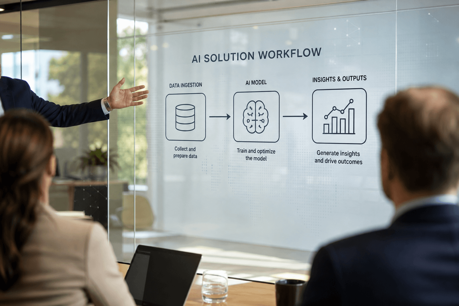 Consultant at a glass wall walking through an AI solution workflow diagram