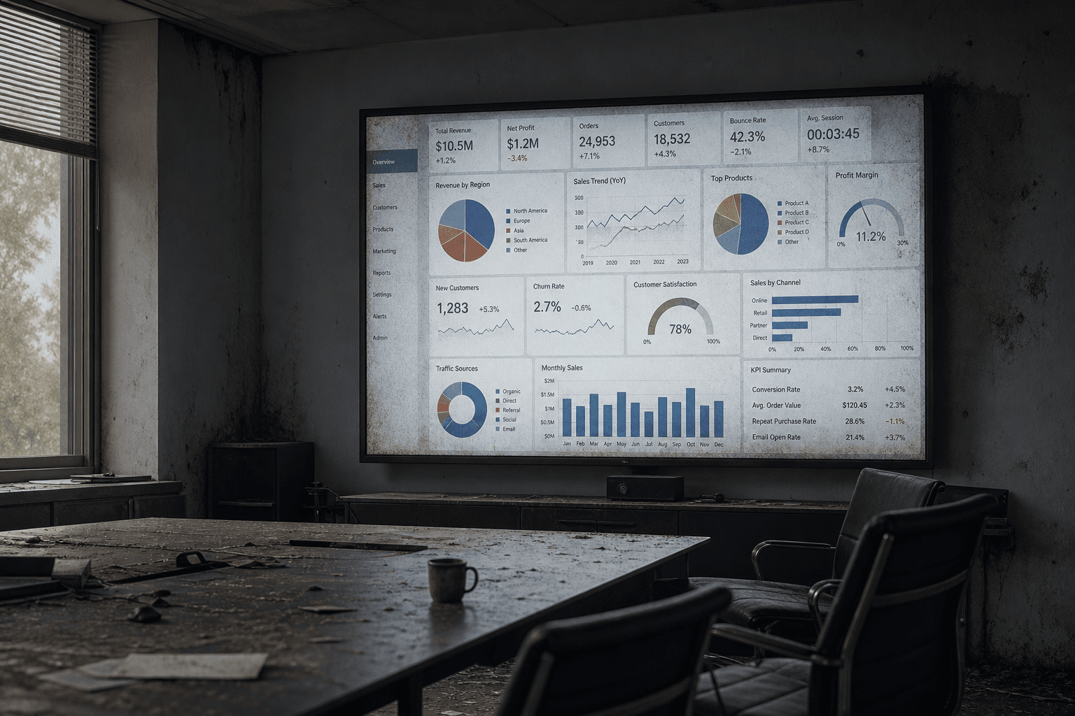 Abandoned meeting room with a stale static BI dashboard glowing on the wall